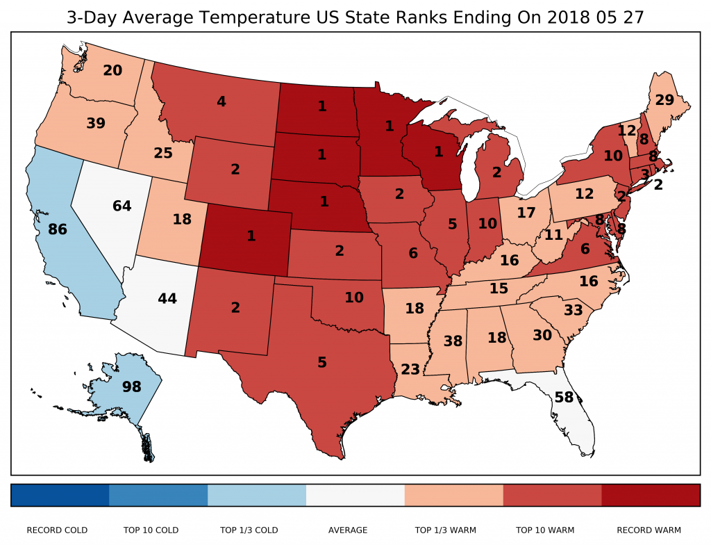 A map of the contiguous United States and Alaska showing temperature ranks by state for a three-day period in 2018. Refer to caption and body text for details.