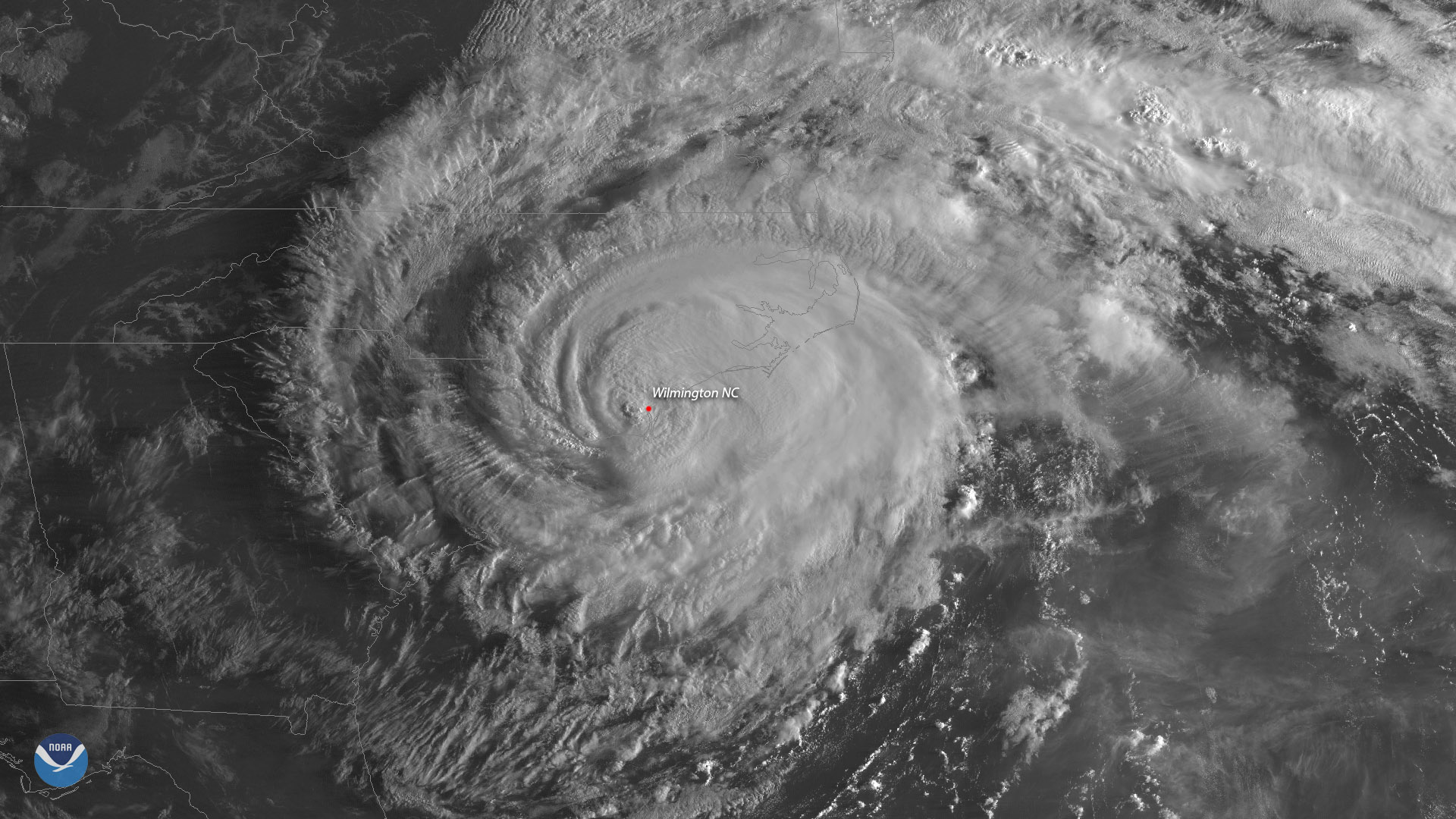 A satellite image of Hurricane Florence centered over the Carolinas taken on September 15, 2020.