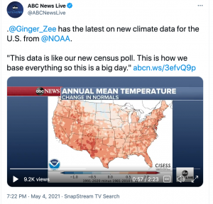 ABC News tweet with video clip describing the new normals and an image of the temperature change map developed by Jared Rennie.