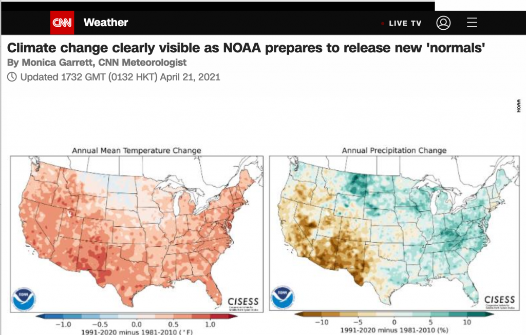 Screenshot of CNN news story on the new climate normals