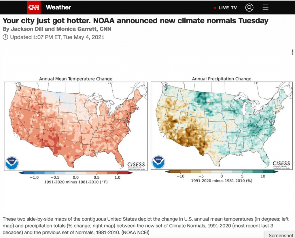 Screenshot of a second CNN story on the new climate normals