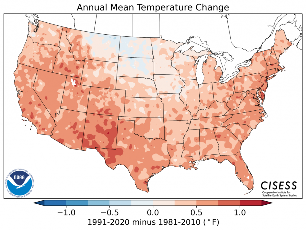 Map of contiguous United States showing that most areas in the country experienced warming of up to about one degree Fahrenheit, indicated by red colors. Some areas show little warming or a slight cooling, including by white and blue shades. 