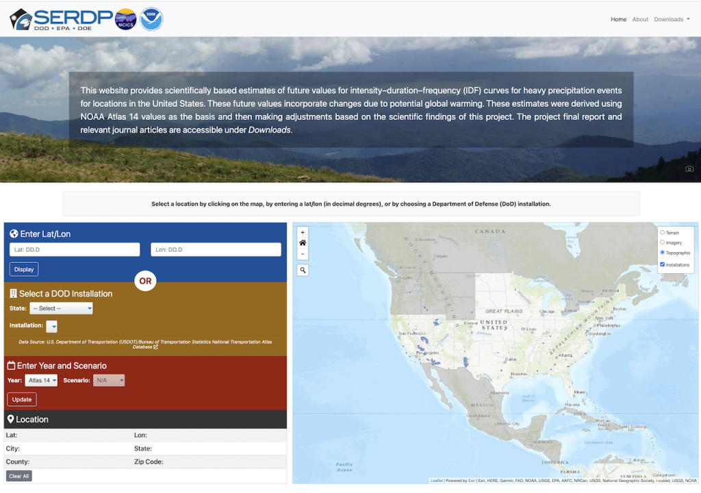 Screen shot of the NCICS SERDP website that provides access to projected heavy precipitation design values.