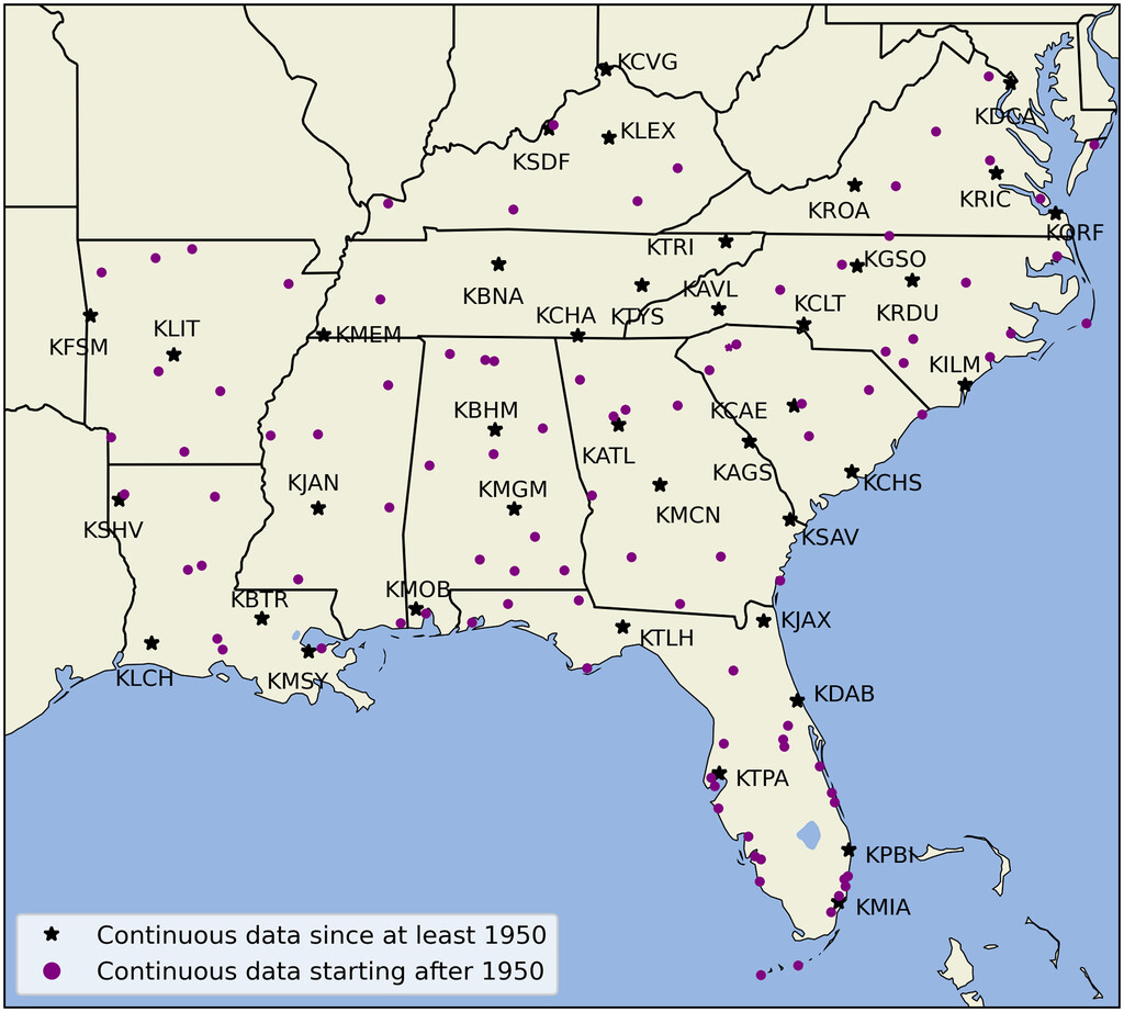 Map of the southeastern United States with purple dots and black stars with text identifying the locations of Automated Surface Observing Systems in the region.