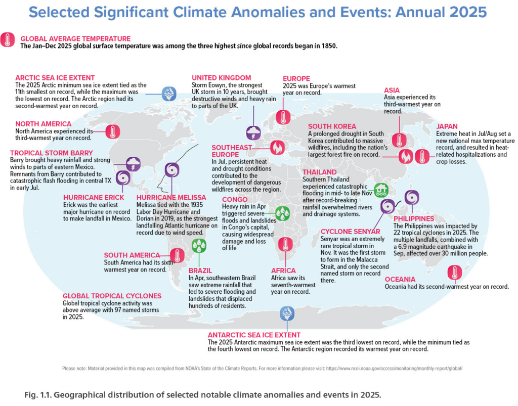 World map with text highlighting Selected Significant Climate Anomalies and Events for 2025 across the globe, including sea ice extent, tropics cyclones and other major storms, extreme heat, droughts, heavy precipitation, and flooding.
